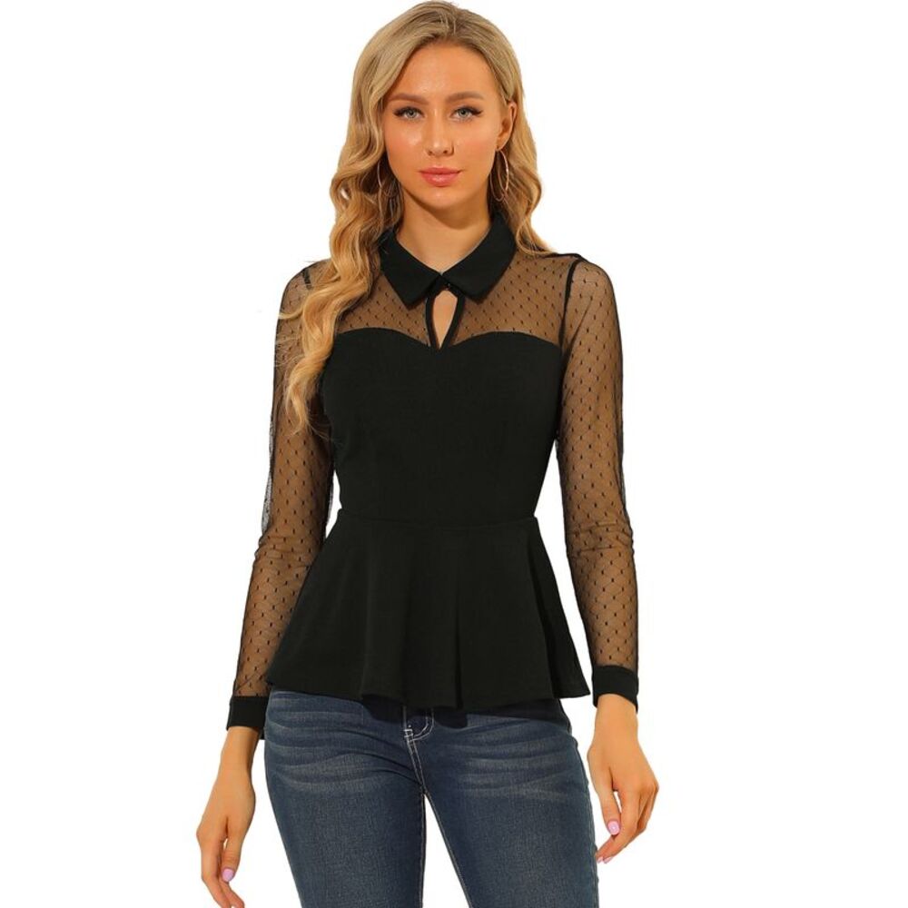Mesh Sheer Long Sleeve Blouse Turn Down Collar Keyhole Peplum Top Black